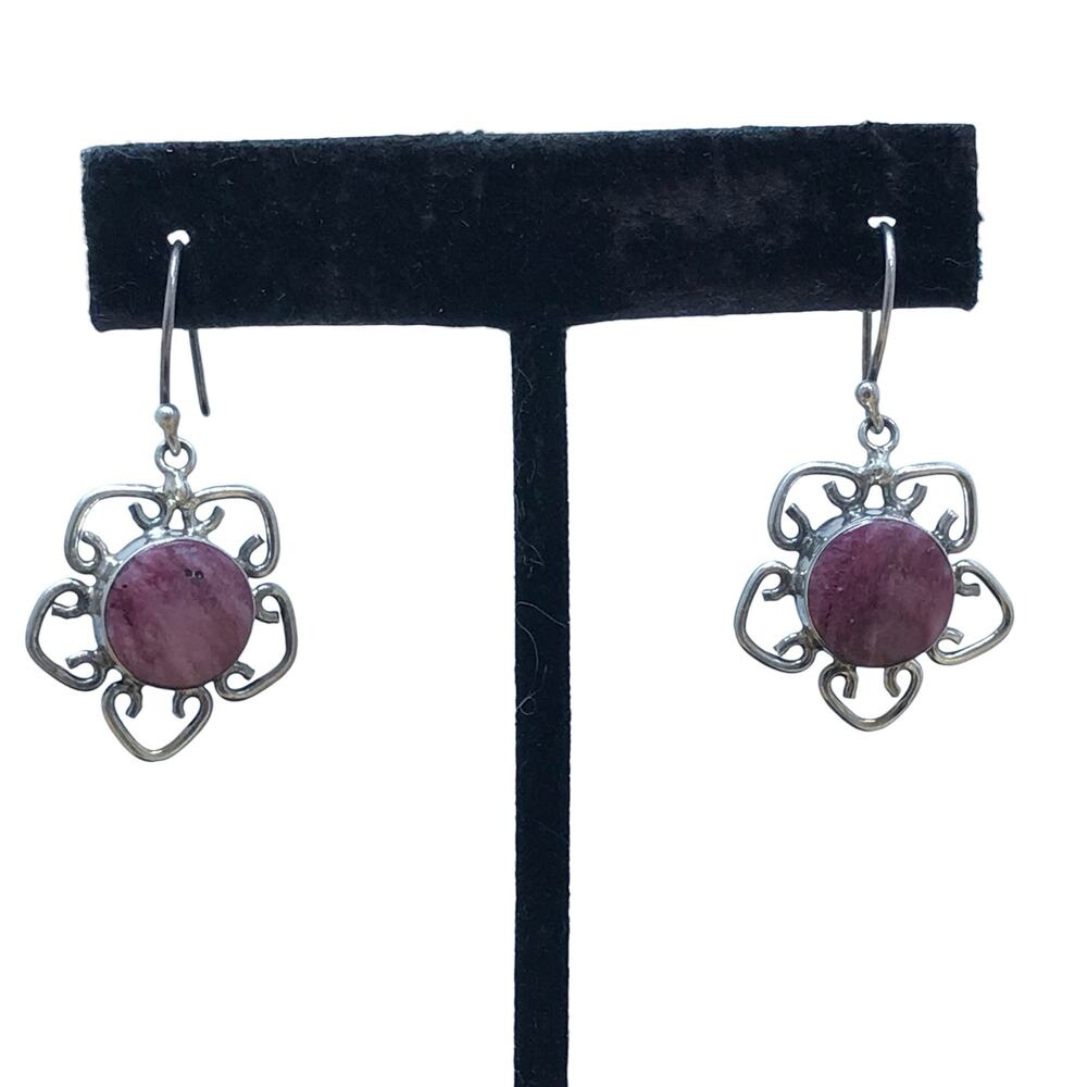 950 Silver Purple Spiny Oyster Gemstone Navajo Flower Earrings Drop Dangle 5g 1”